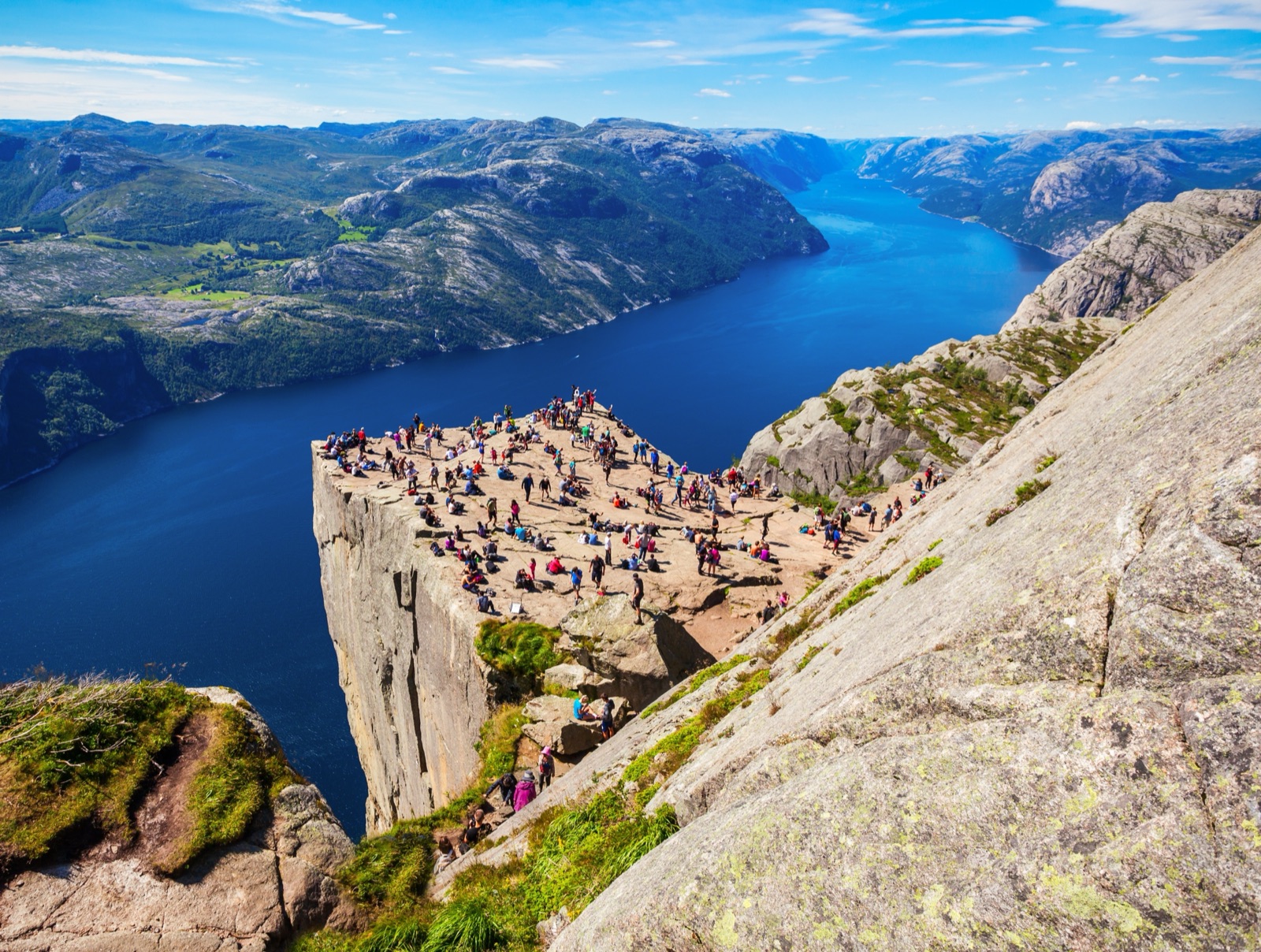 The flat top of Preikestolen high above the deep blue Lysefjord